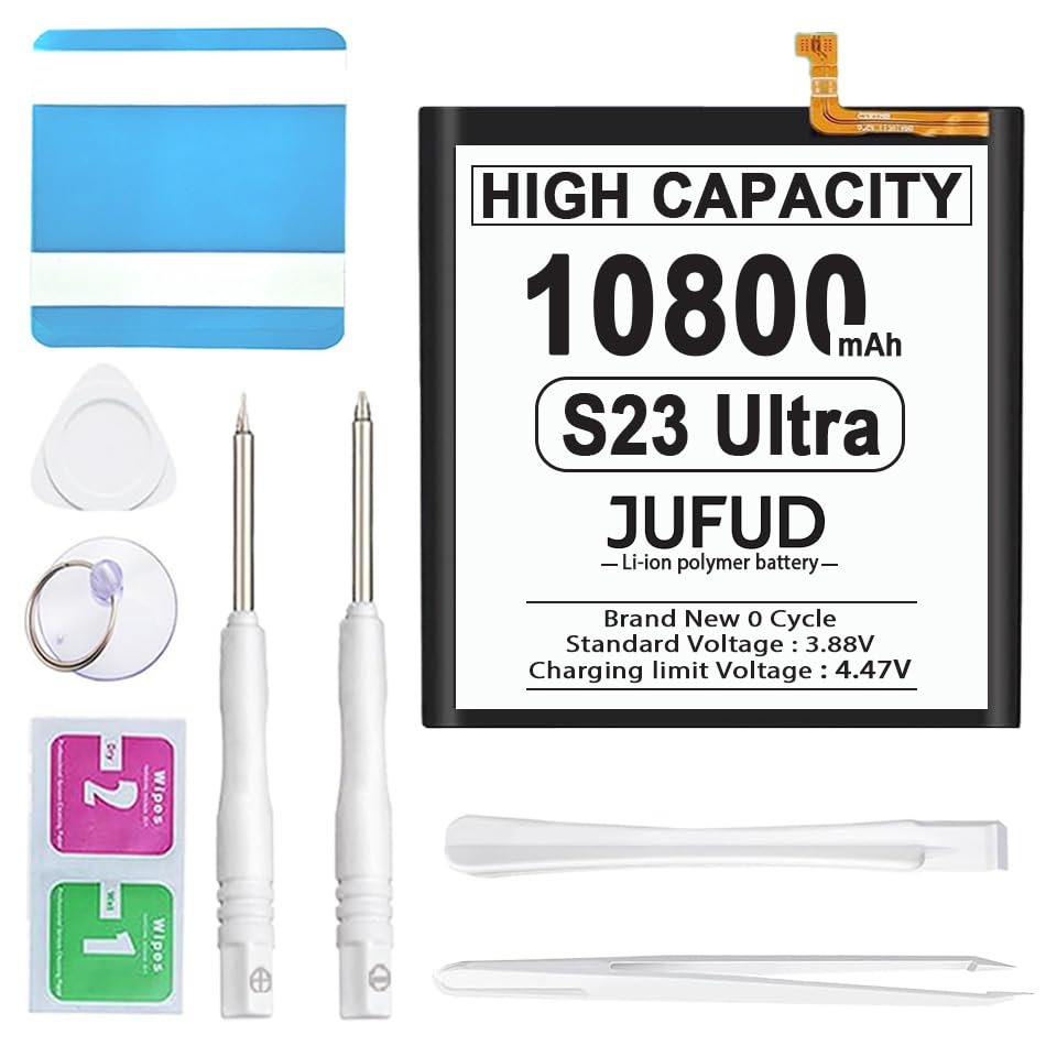 JUFUD Replacement Battery Compatible with Samsung Galaxy S23 Ultra with Repair Kit- 10800mAh Compatible with SM-S918U SM-S918U1 SM-S918B EB-BS918ABY
