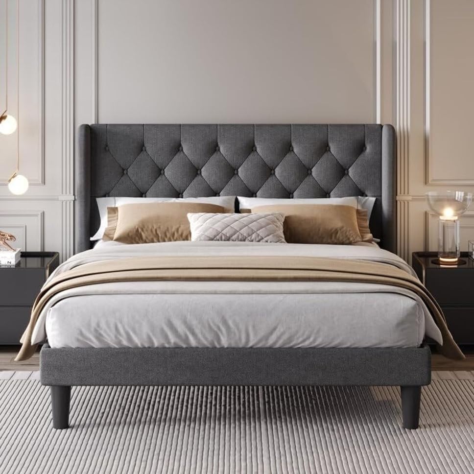 Image of Wooden Modern Upholstered King Size Bed for Bedroom | Wooden Double Bed Without Storage | Platform Cot Upholstered Bed with Upholstery Fabric | Engineered Wood | 6.5 x 6 Ft | Grey Kaizen