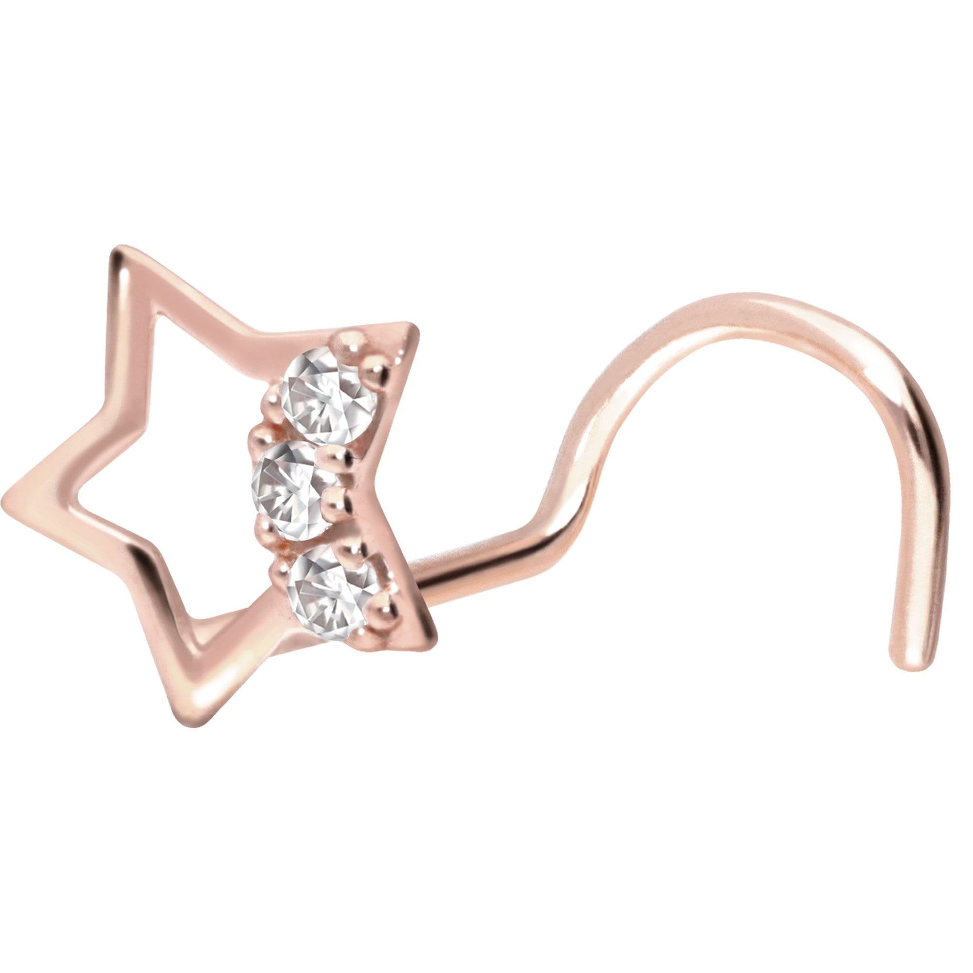 PIERCINGLINE Nasenpiercing 14K Gold Nasenstecker Spirale STERN + 3 MOISSANITE 585er Gold - Roségoldfarben, Goldfarben, Silberfarben