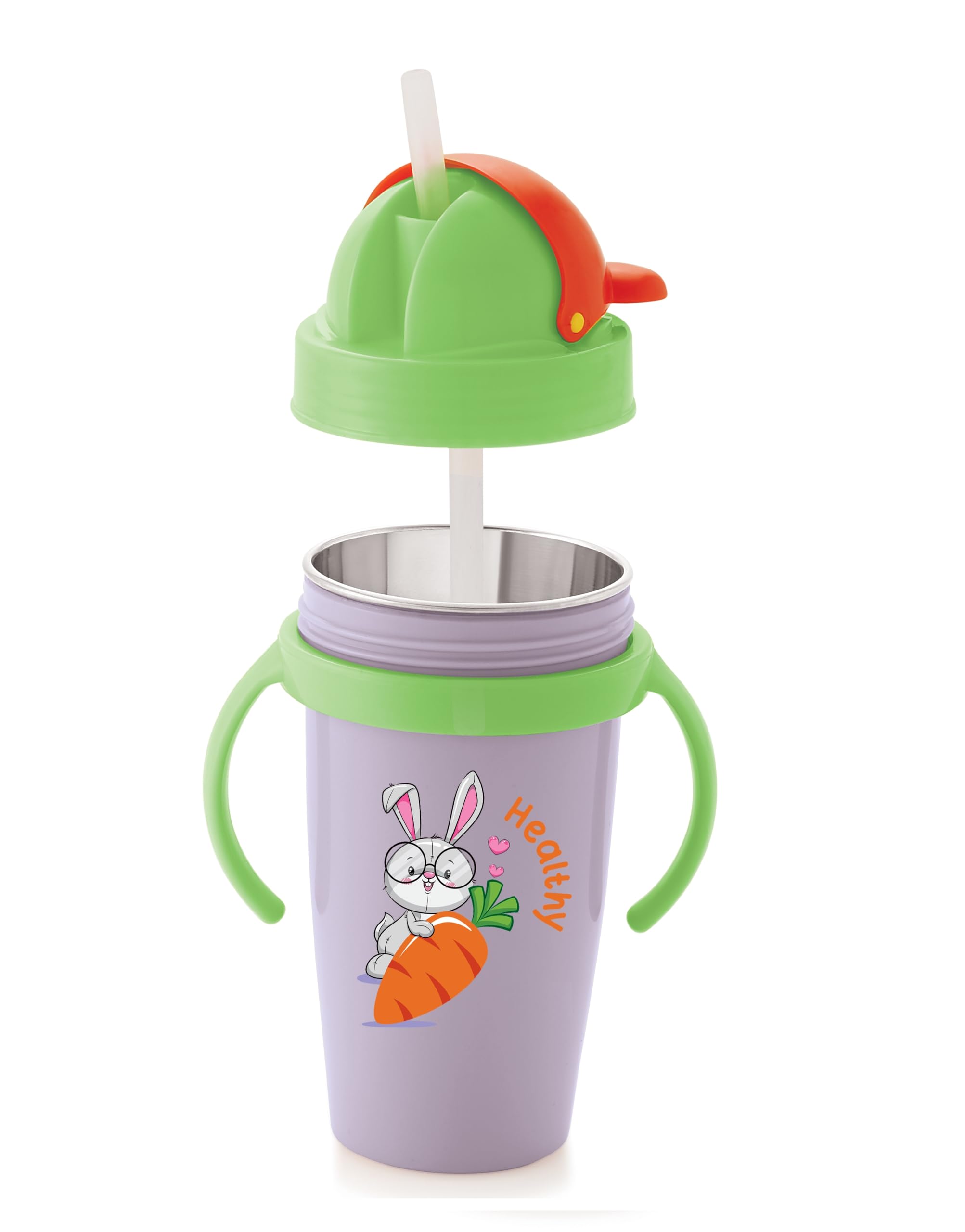 Zerya Hot & Cold Insulated Stainless Steel 360ml BPA-Free Cute Animal Design Baby Sipper Kids Water Bottle with Straw and Side Handle for Kids (Purple)-image-5