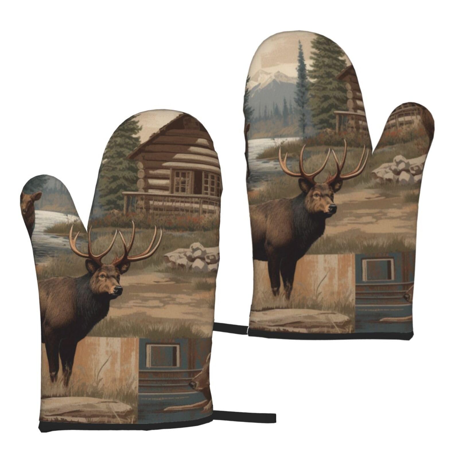 Bear Deer Printed Oven Mitts Sets 2 PCS Heat Resistant and Non-Slip Glove Potholder for Kitchen Cooking Baking Grilling