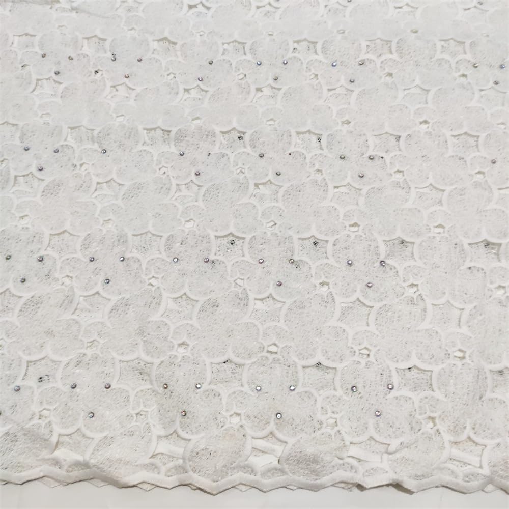 LadyQ White French African Swiss Lace Fabric Soft Nigerian Guipure Cord Milk Silk with Stones for Wedding Dress 5 Yards 896LD