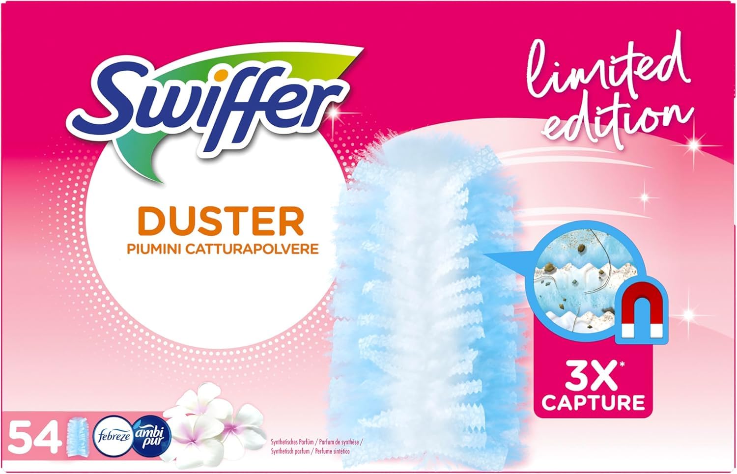 Swiffer Pink Duster Doudounes Capture-poussière, 54 couettes, Capture et Piège la poussière et la saleté, atteint les points les plus difficiles de la maison, doudounes avec 45% de fibres recyclées