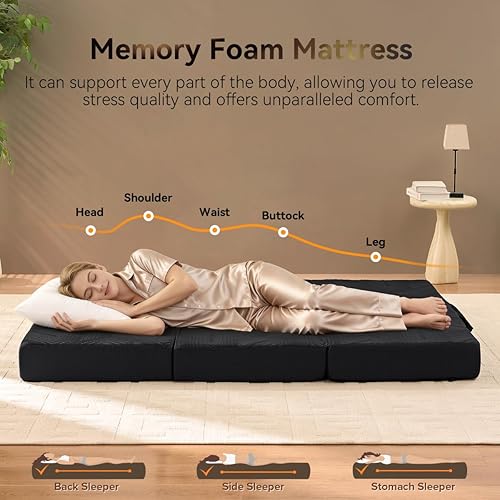 Miniatura 4 de Colchón de espuma viscoelástica, tamaño Queen de 4 pulgadas, triple pliegue, asas y parte inferior antideslizante, cubrecolchón con funda lavable,