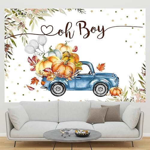 Miniatura 4 de Lofaris Telón de fondo de 5 x 3 pies con texto en inglés "Oh Baby A Sweet Little Pumpkin is On The Way" para baby shower, niños, niños, camión azul,
