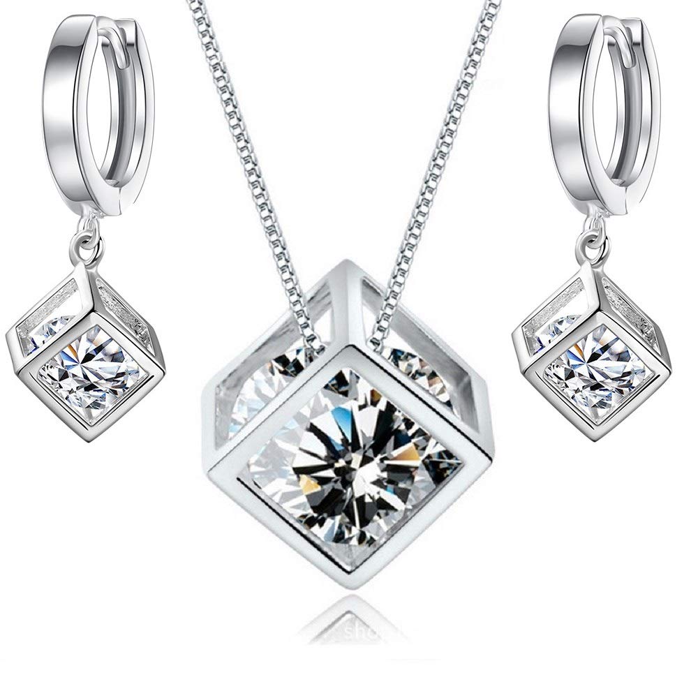 – Women 18ct White Gold Plated White Zirconia Crystals Cube Set Pendant Necklace 17.7 inches Dangle Earrings