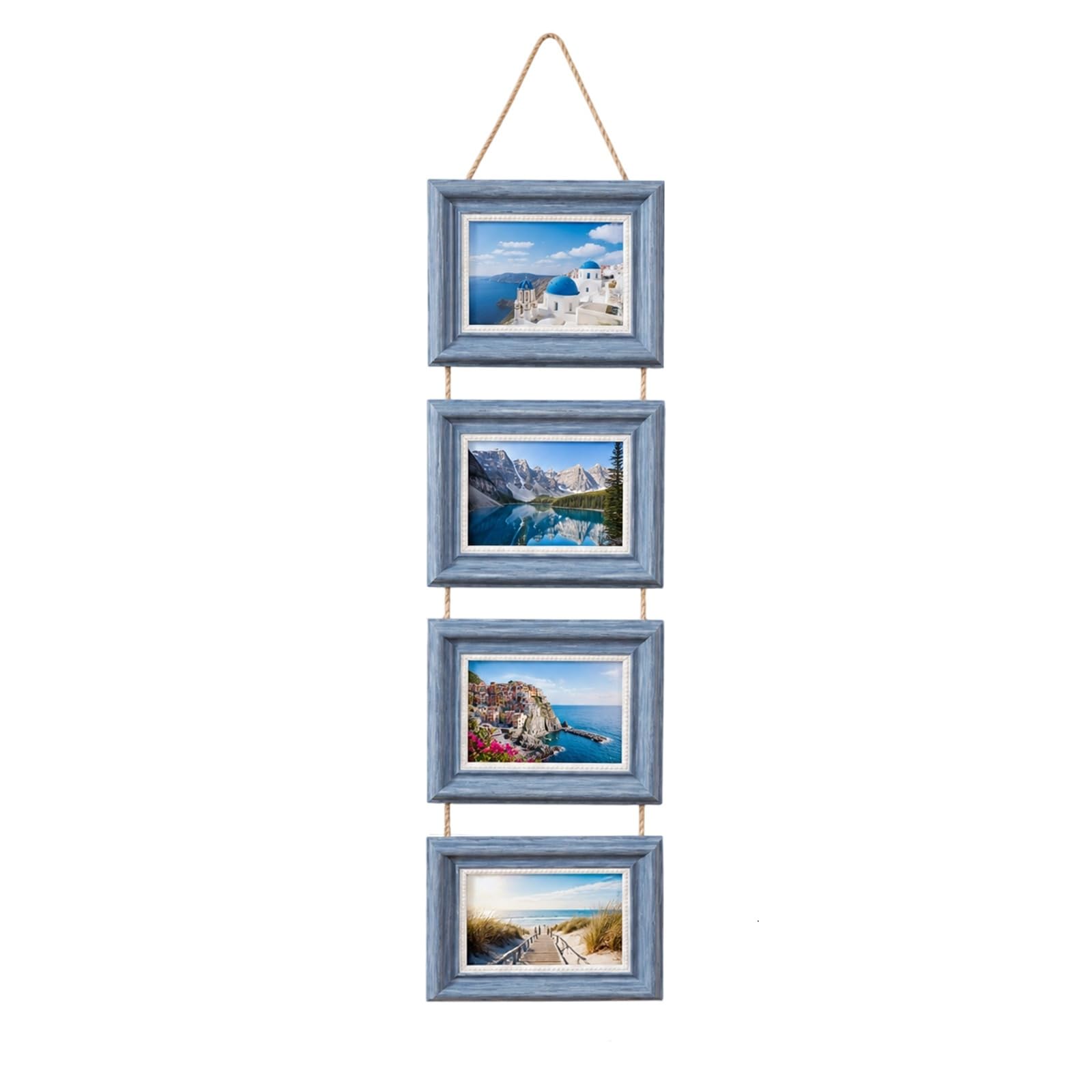 Hanging Photo Frame 6x4, Rustic Blue Collage Picture Frame with Twine, Vintage Horizontal Wall Mounted Photo Display for Living Room Bedroom Hallway