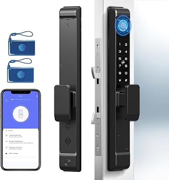 Sliding Glass Door Lock, Dhiedas Sliding Door Smart Lock with Fingerprint RFID Keypad Bluetooth App Electronic Digital Biometric Safety Patio Door Double Hook Slim Mortise Lock Set with Handle