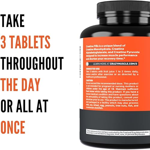 Miniatura 7 de Pastillas de Monohidrato de Creatina de Crazy Muscle, Premium con 3 Tipos de 5g de Creatina, Pre y PostEntrenamiento y Constructor de Energía Keto,