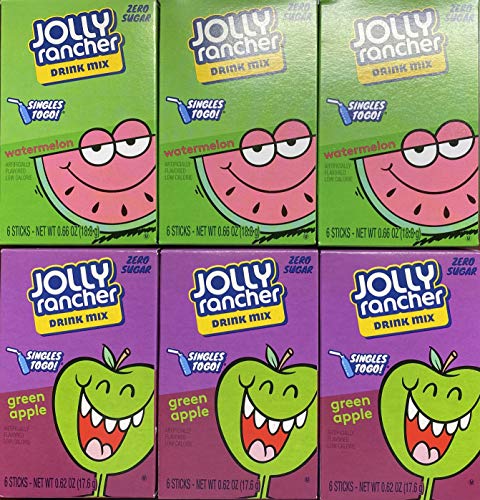 Jolly Rancher Singles To Go Drink Mix -- 36 Singles Packs, Sugar Free (3 Boxes of Green Apple Singles, 3 Boxes of Watermelon Singles)