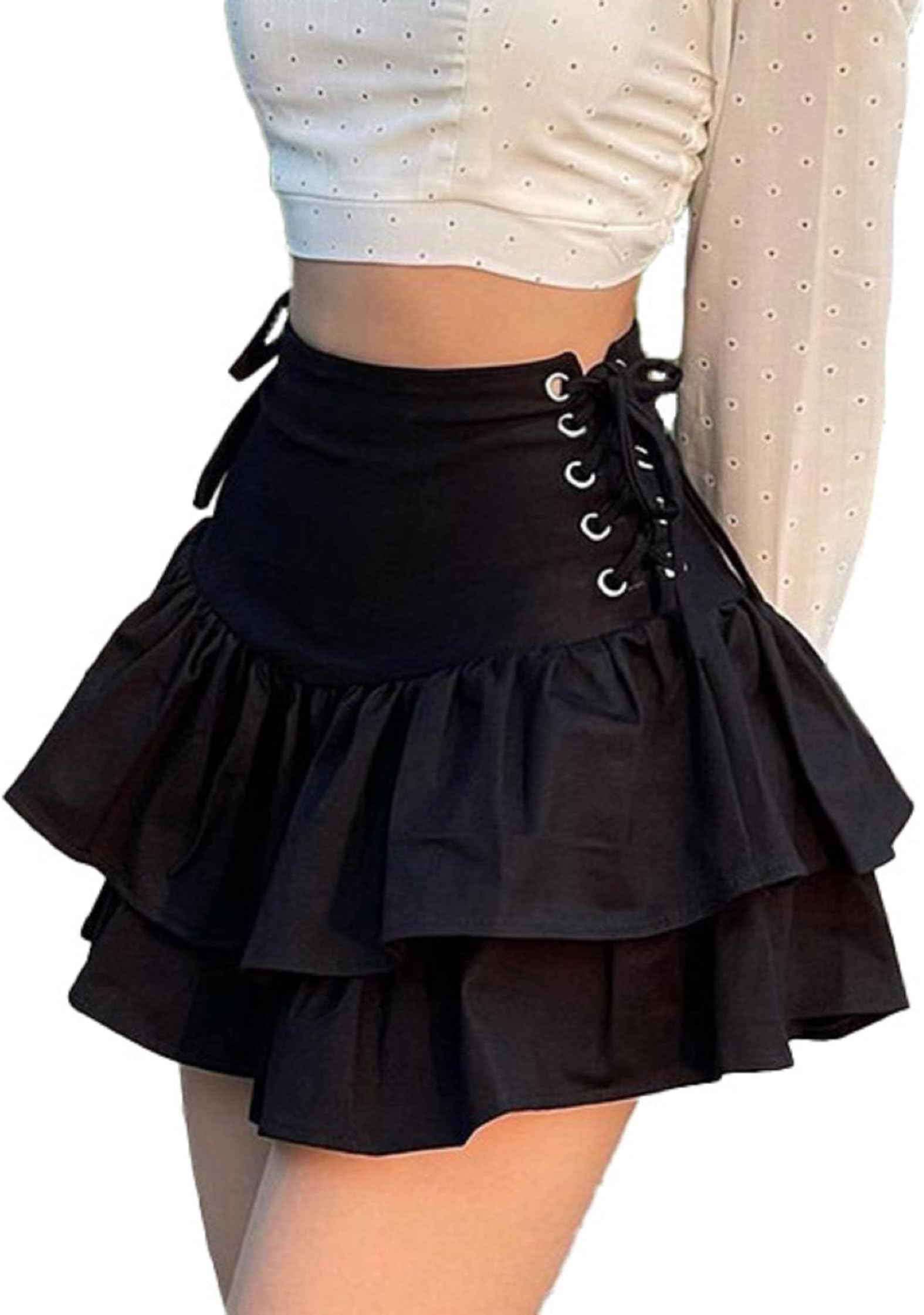 XKBHYD Womens Ruffle Tie Close Skirts Black Mini Skirt High Waist Goth Punk Skirt Girls Pleated Skirt Summer