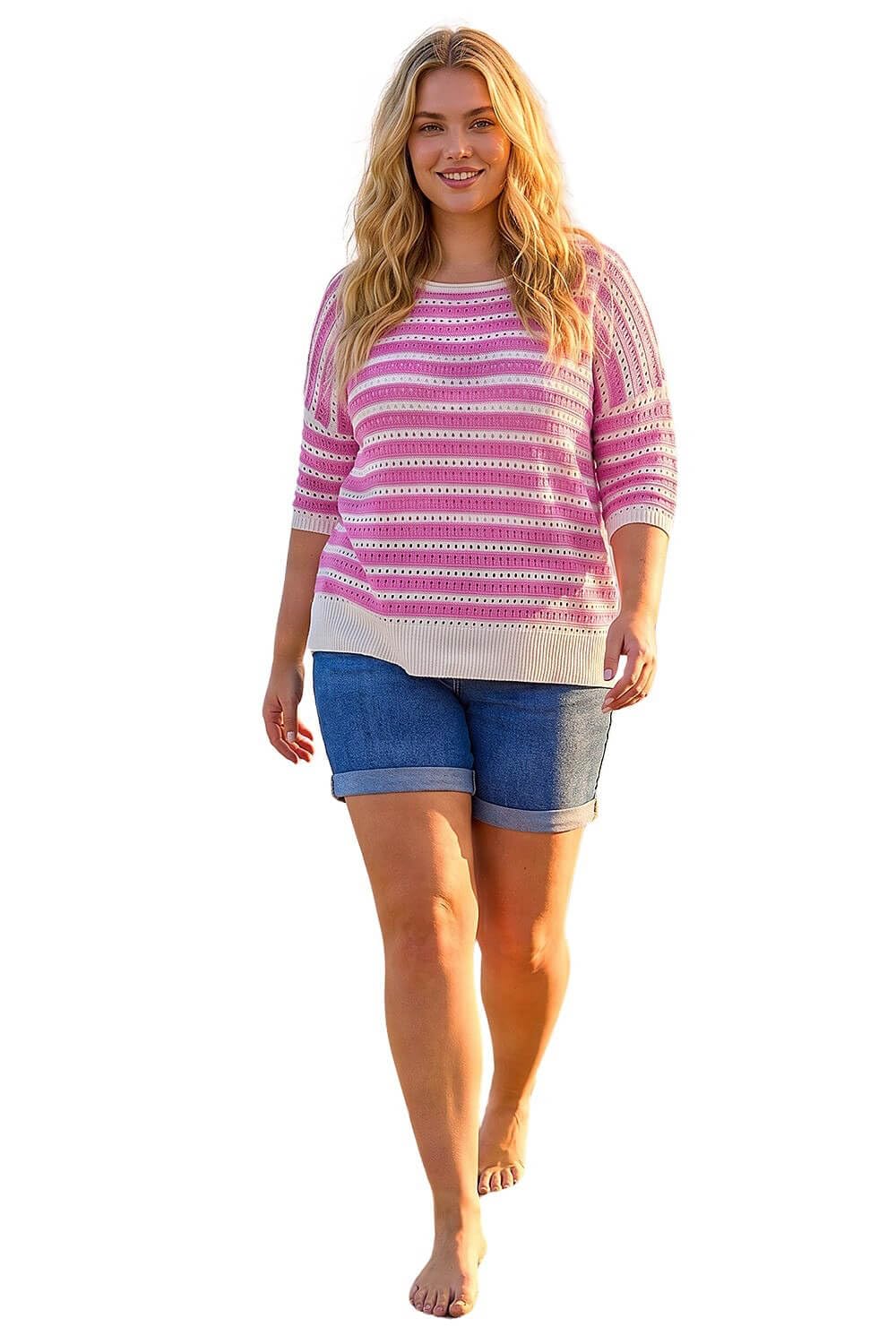 Roman Originals Women's Pink Plus Roman Curve Crochet Stripe Knit Top For Uk - Everyday Holiday Spring Summer Round Neckline Comfy Soft Evening Vacation Work Party - Size 2224