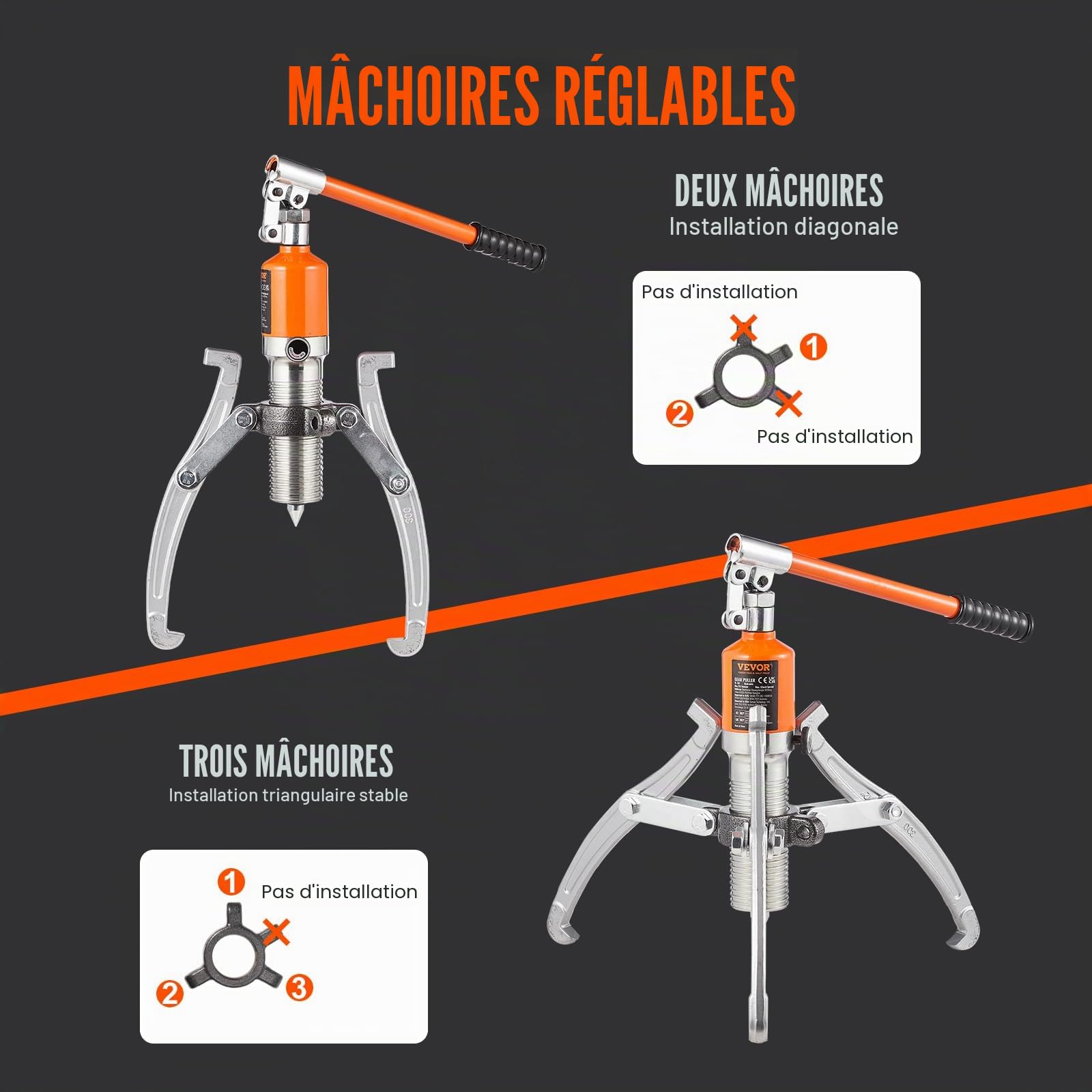 VEVOR Extracteur de Roulement à 2/3 Mâchoires Arrache Roulement Traction 15 T en Acier Arrache Moyeu de Roue Ouverture 304,8 mm Course 55 mm pour Entretien Démontages des Engrenages Poulies Machines