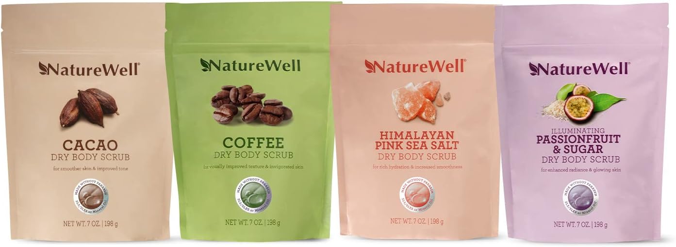 NATURE WELLExfoliating Scented Dry Body Scrub Variety Pack, Includes 4 Different Scents, Gentle Exfoliation for Hands, Legs, Feet & Body, Just Add Water, Travel Friendly, 7 Ounces, Pack of 4