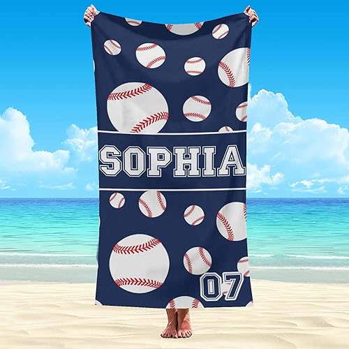 Miniatura 1 de Toalla de piscina con nombre personalizado para niños, adultos y hombres, toalla de playa personalizada con número de béisbol azul marino para sofá,