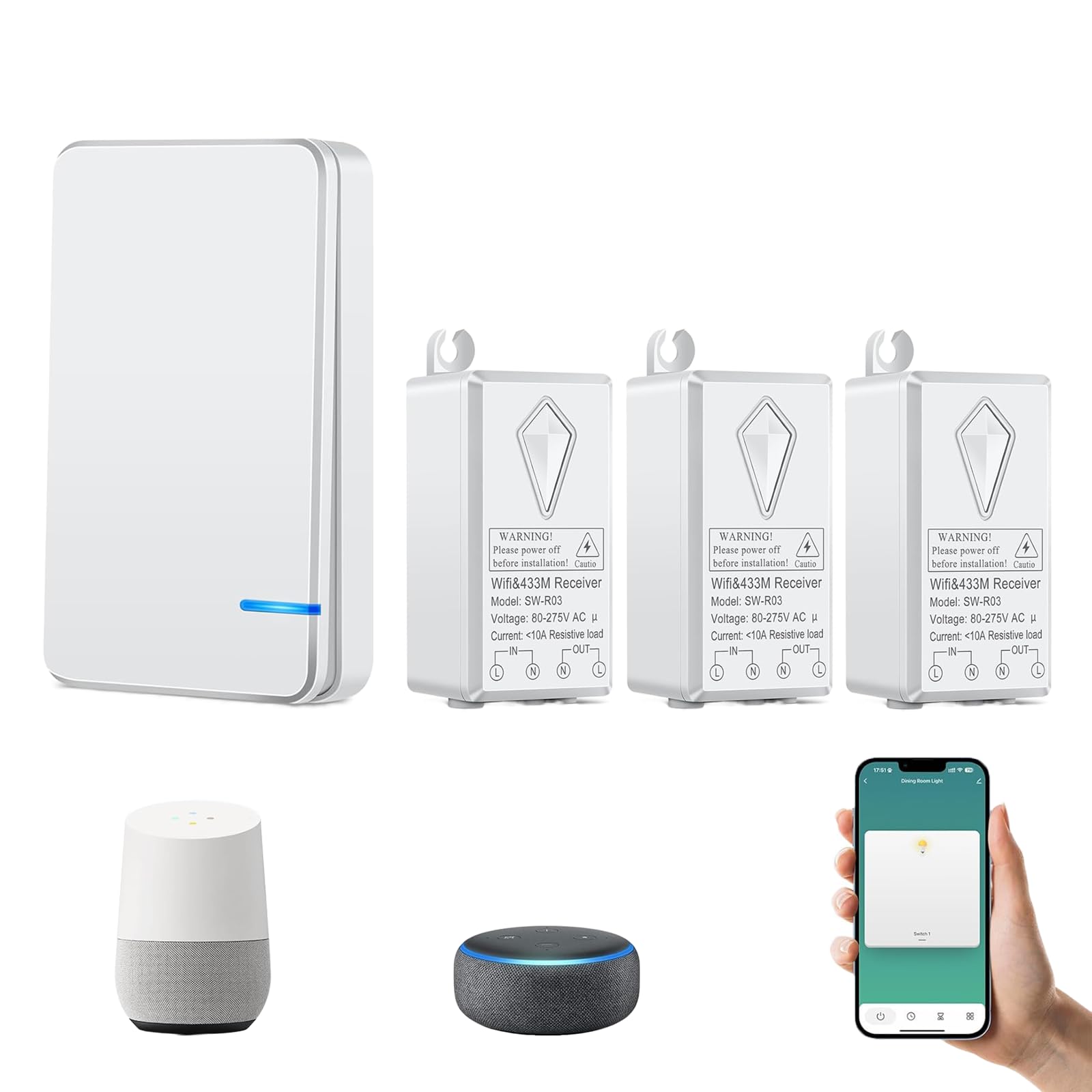 Smart light Switch,NineLeaf WIFI Wireless Light Switch,No Wiring,Save Energy,Compatible with Amazon Alexa and Google Home,Schedule and Timer,Voice Control,IP66 Waterproof for Residential,3 Rev — image 1