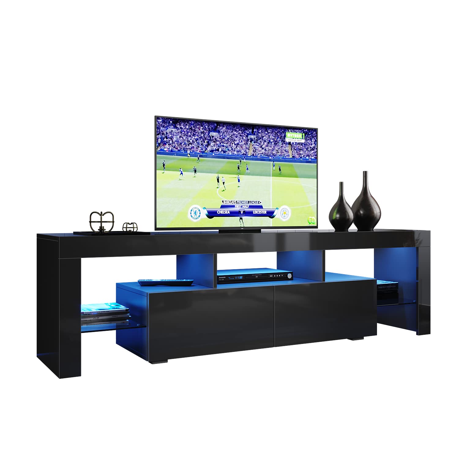 ELEGANT 1600mm Modern High Gloss TV Cabinet for up to 65" TV with Ambient Light for Living Room Furniture Black TV Stand Unit with RGB LED Lights