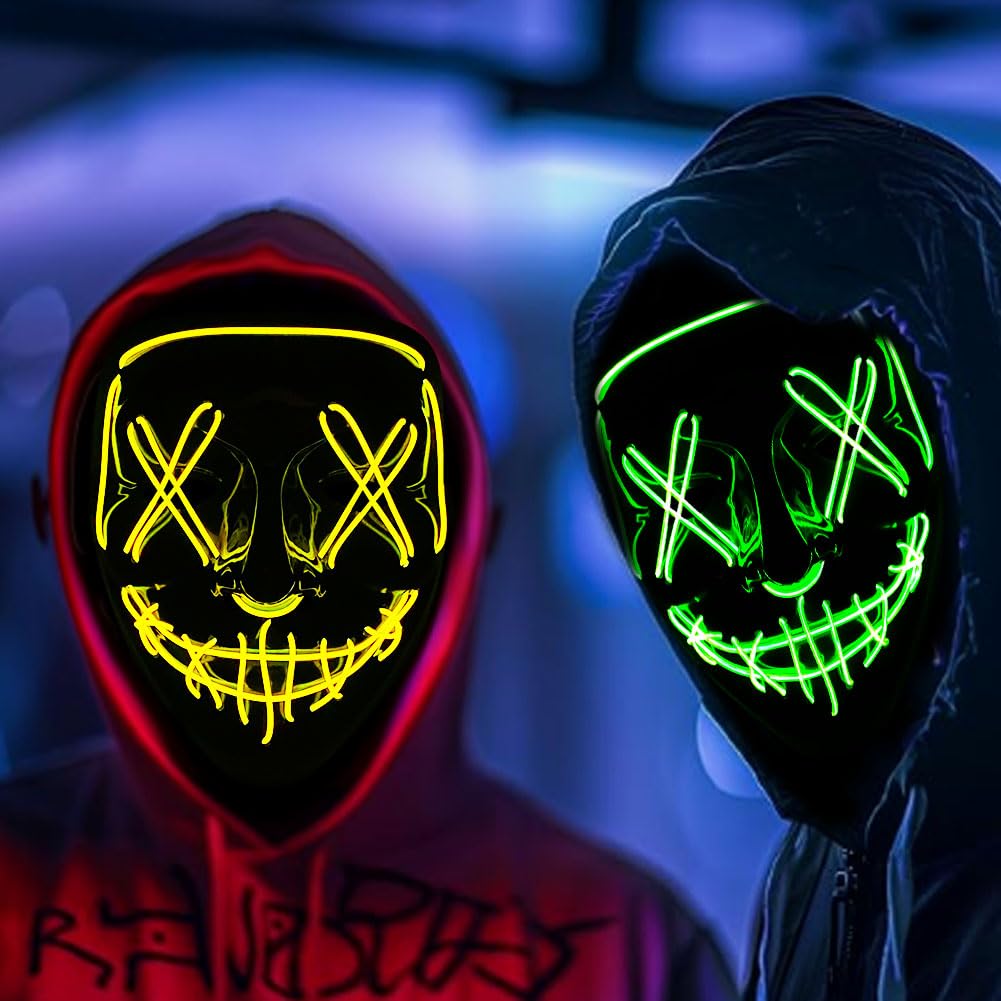 LKNBIF LED Halloween Light Up Mask, 3 Modes Light Up Led Mask, 2 PCS LED Anonymous Scary Masks for Adults, for Boys Kids Adult - Green+Yellow
