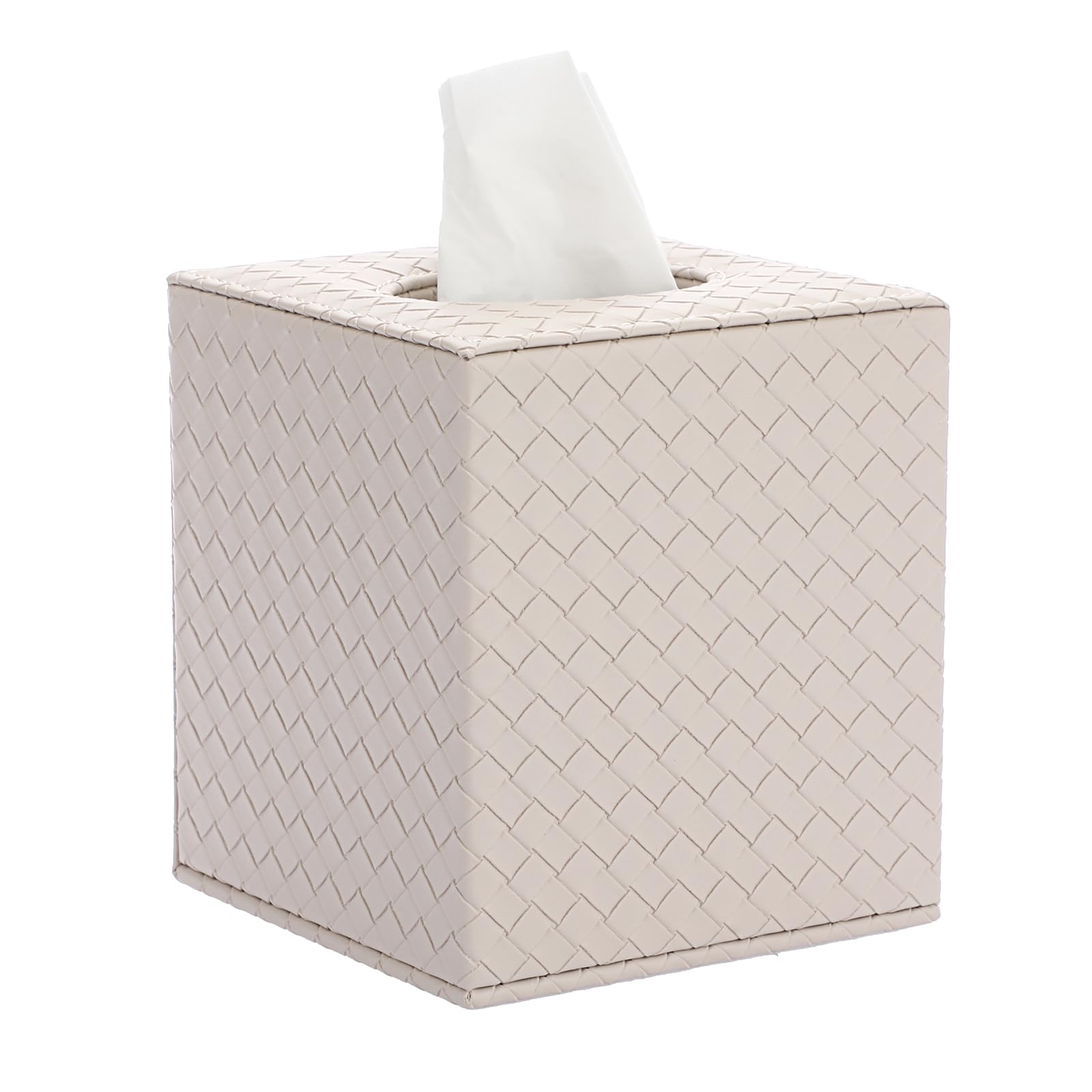 Sumnacon Square Tissue Box Cover, Stylish PU Woven Lozenge Pattern Tissue Box Holder with Magnetic Bottom, Classic Style, Beige