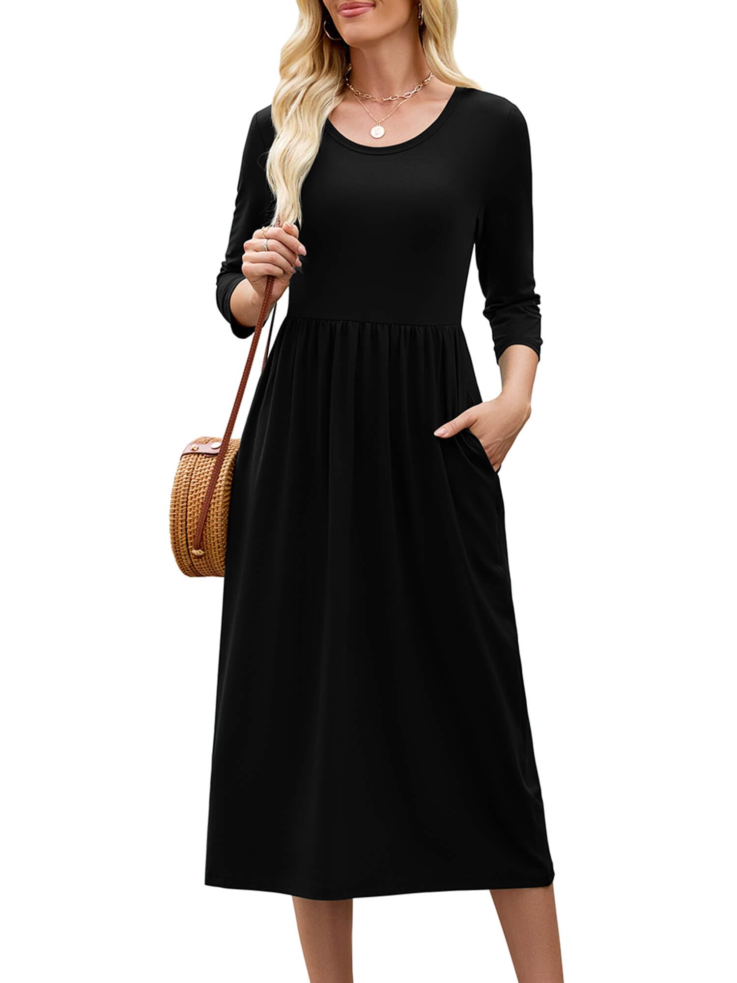 Heymoments Women Dress Crewneck 3/4 Sleeves Wedding Guest A line Black Medium Casual Flowy Swing Party Vintage Spring Fall Winter Travel 2025 Long Midi Dresses with Pocket