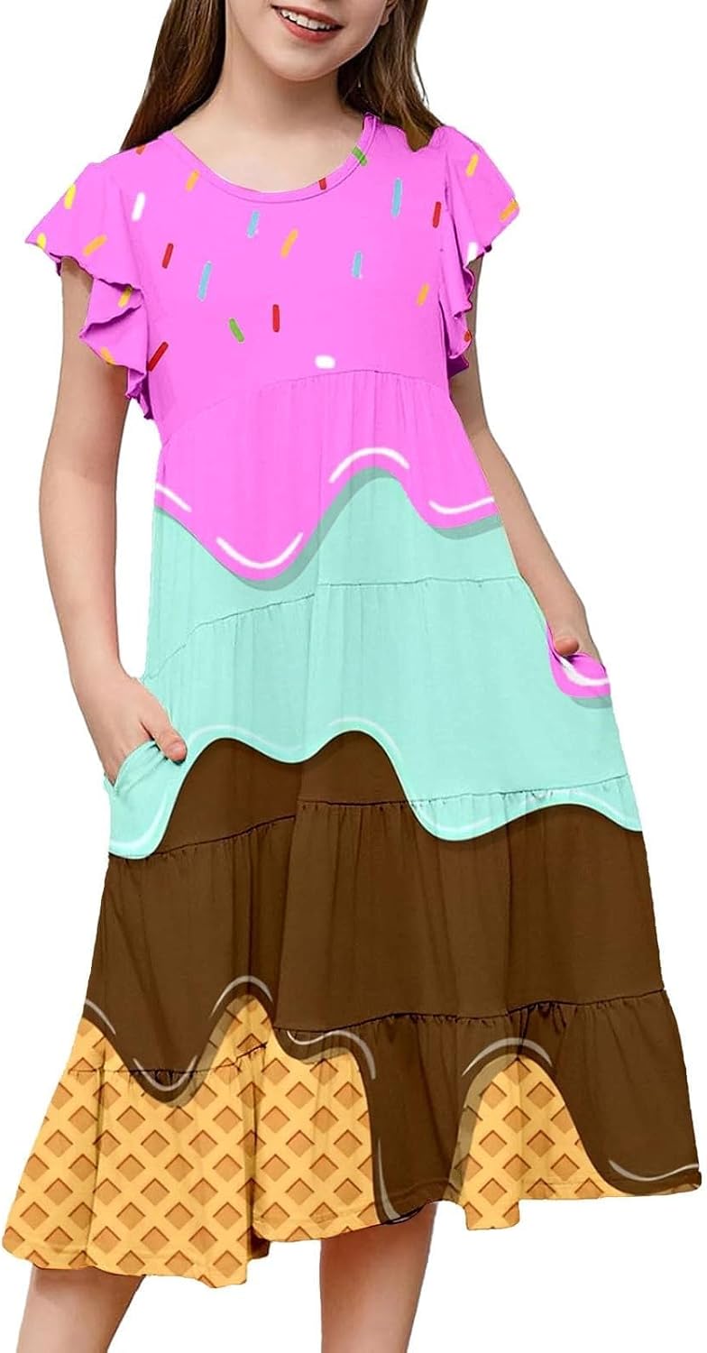 Girls Flutter Sleeve Dress Cute A Line Ombre Dresses Tween Girls Flowy Ruffle Midi Sundress Gradient Summer Dresses