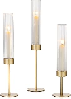 Hewory Gold Hurricane Candle Holders: Brass Candlestick Holders Set of 3 Tall Taper Candle Holders for Candlesticks Candle Sticks Holder Decor for Table Centerpiece Wedding Party Christmas Decorations