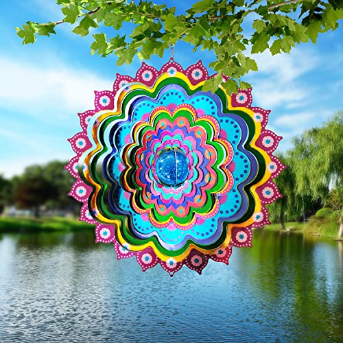 Image of FONMY Mandala Wind Spinner w /Crystal Ball Peacock- 3D Stainless Steel Hanging Spinners Worth Gift Christmas Decoration Indoor /Outdoor Garden Decor Kinetic Yard Art 12 Inches Wind Sculpture