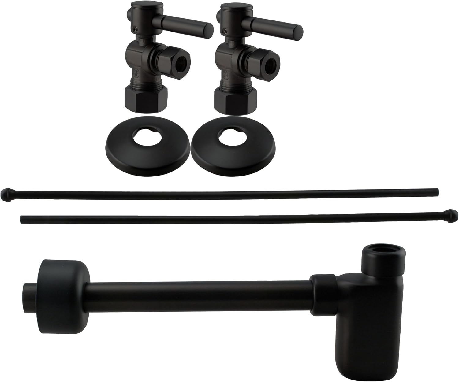 Westbrass D19105BLK-62 1/2" Nominal Compression Lever Handle Angle Stop Complete Pedestal Sink Installation Kit with 1-1/4" Euro Flat Trap, Matte Black
