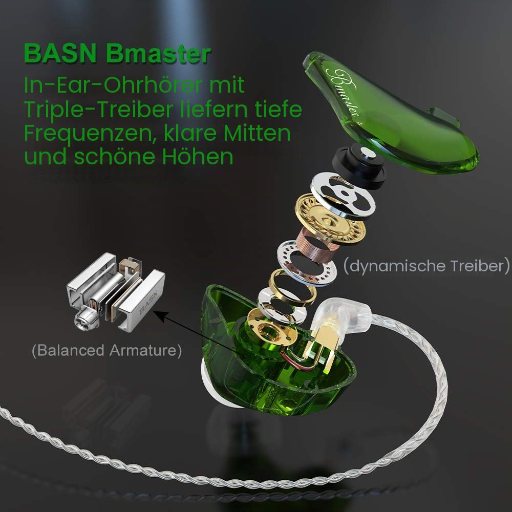 BASN Bmaster In-Ear-Kopfhörer, dreifache Treiber, Geräuschisolierung, kabelgebundene Kopfhörer mit zwei abnehmbaren MMCX-Kabeln, für Musiker, Schlagzeuger, Sänger, Bühne, Grün