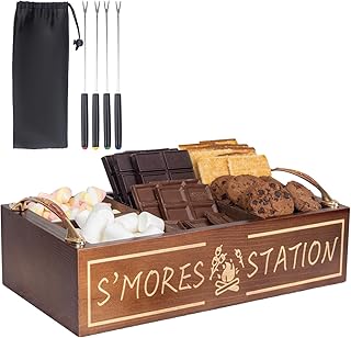Extguds S'Mores Station with Cutout Handles,Sets:1 Smores Caddy+4 Roasting Sticks,for Fire Pit,Perfect for Party, Outdoor Camping and Bonfires,Wooden,Rustic (Brown)