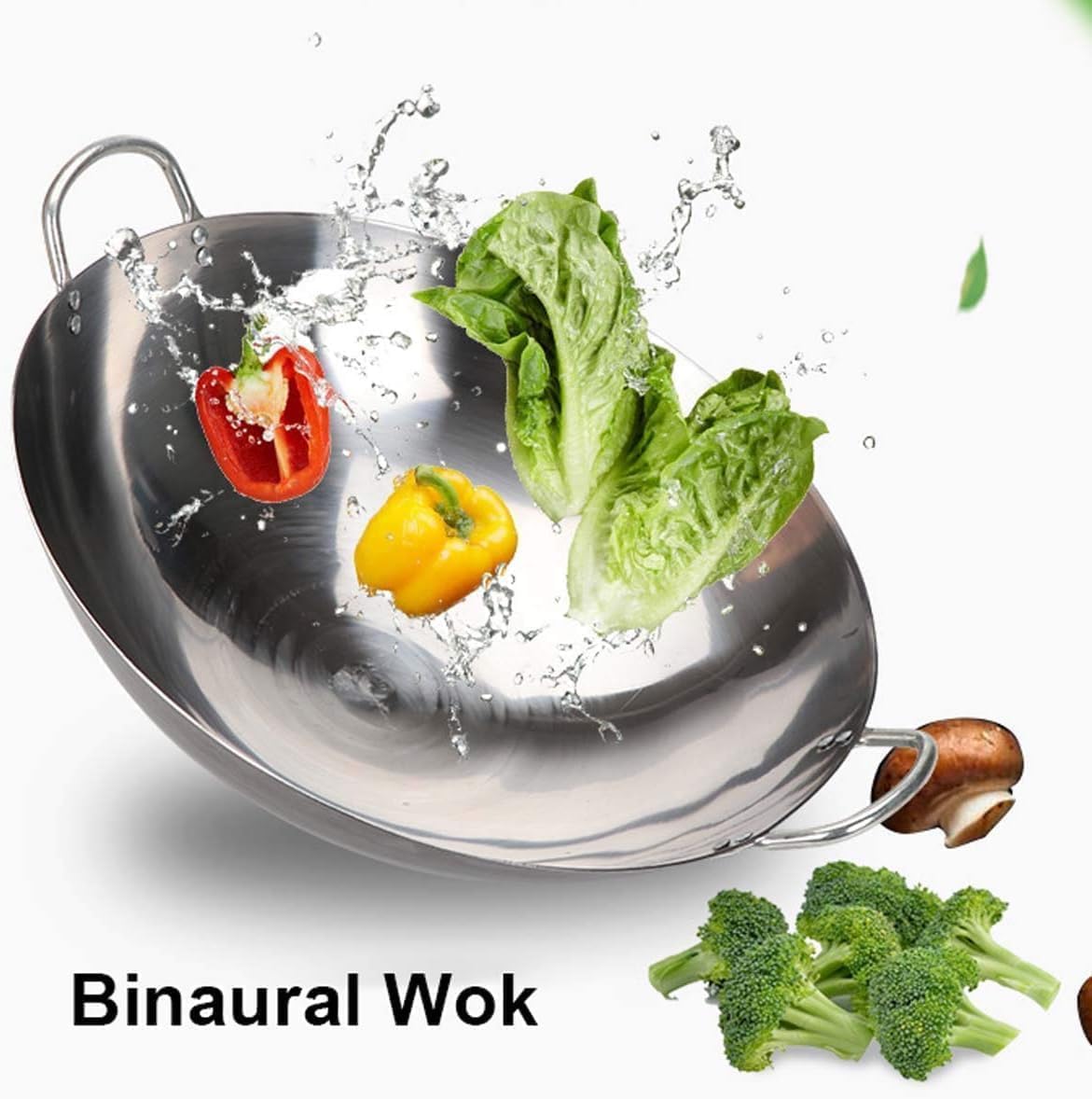 Stainless steel wok, wok pan without chemical stir-fry pan with flat bottom, large stainless steel frying pan, healthy non-stick coating and easy to clean, 45cm