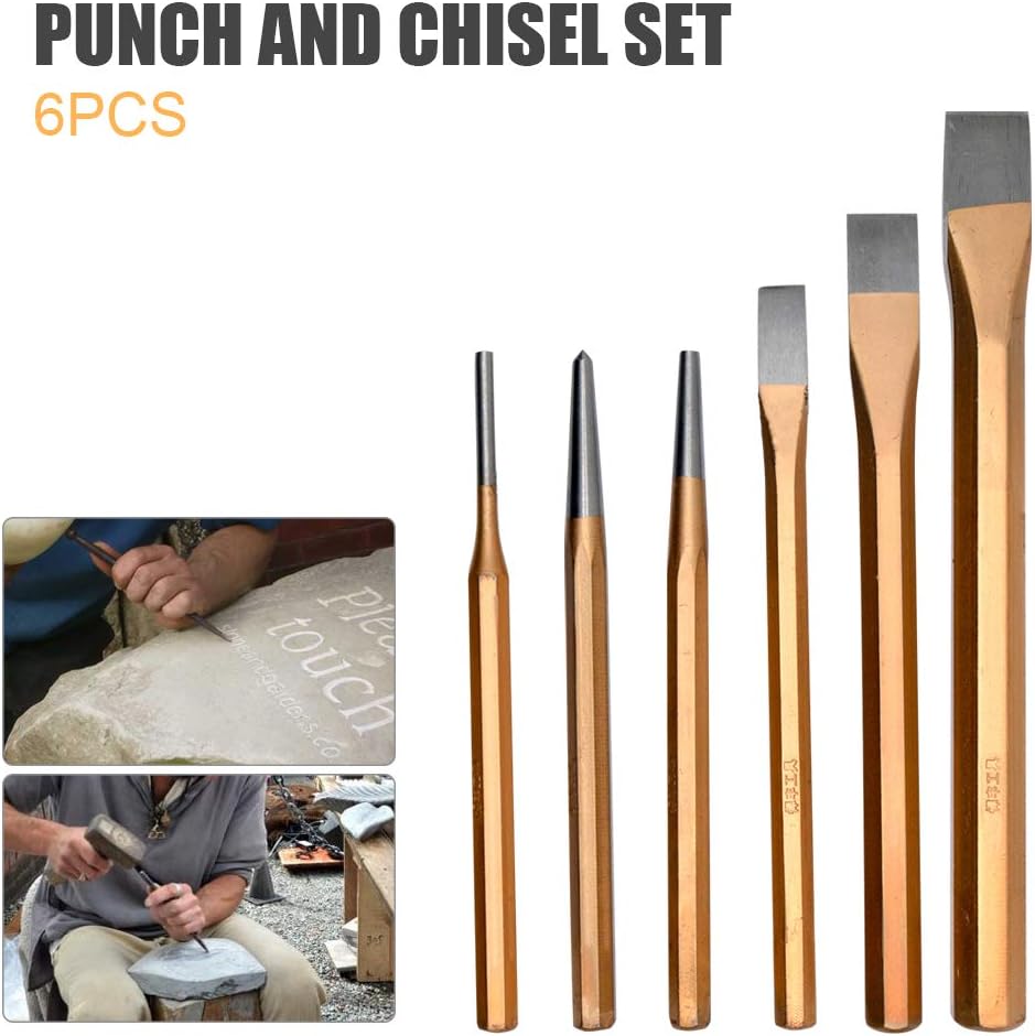 SagaSave 6 Pcs Gold Chisel Set - Flat Chisel, Center Punch, Cylindrical Chisel for Brickwork, Concrete, Metal, Stone Working Easy to Use