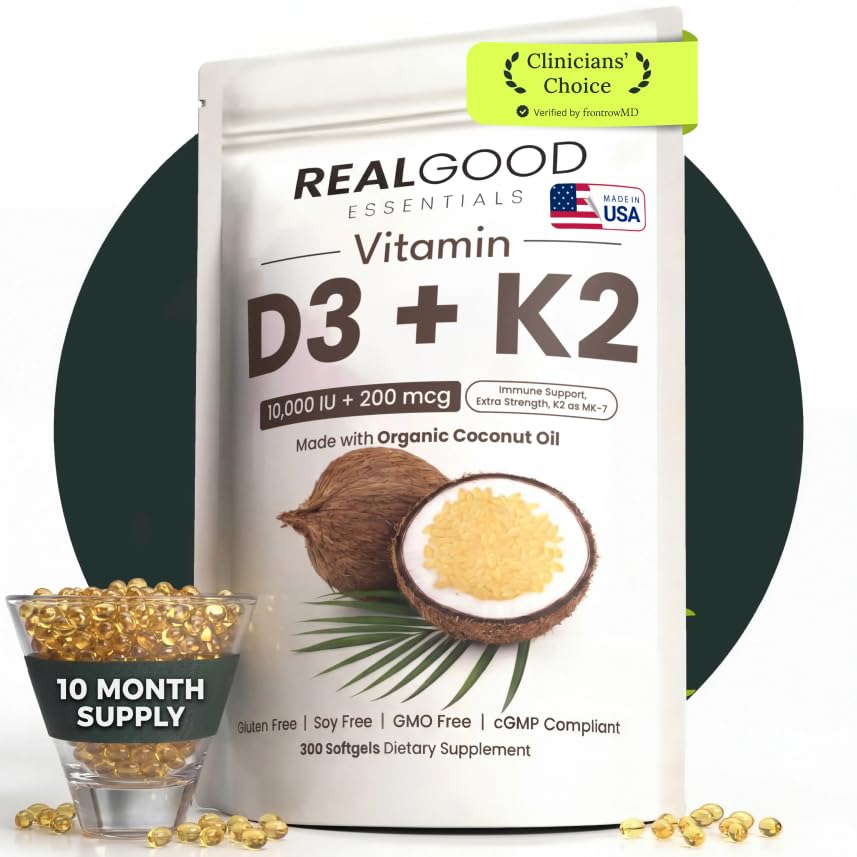 RealGood Essentials Vitamin D3 K2 D3 K2 Vitamin Supplement 10000 IU 300ct