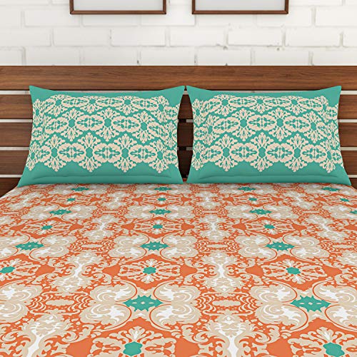 Image of Spaces Atrium Plus 210 TC 100% Cotton Queen Size Fitted Double Bedsheet with 2 Pillow Covers (Ornate, 60 inch X 78 inch Inches ) - Peach