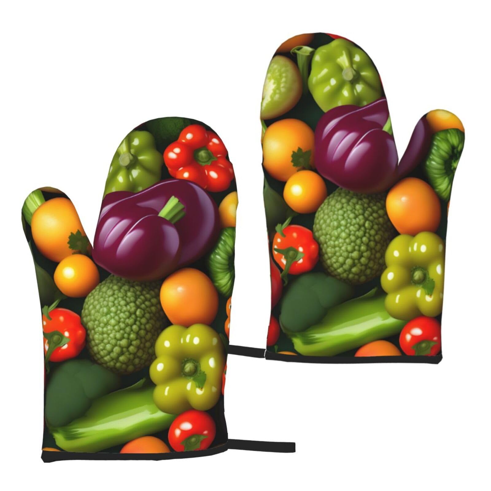 Nimongt Women's Black Vegetable Fruit Print Adults Universal Fit Heat Resistant Oven Gloves Reusable Cooking Outdoor Grilling