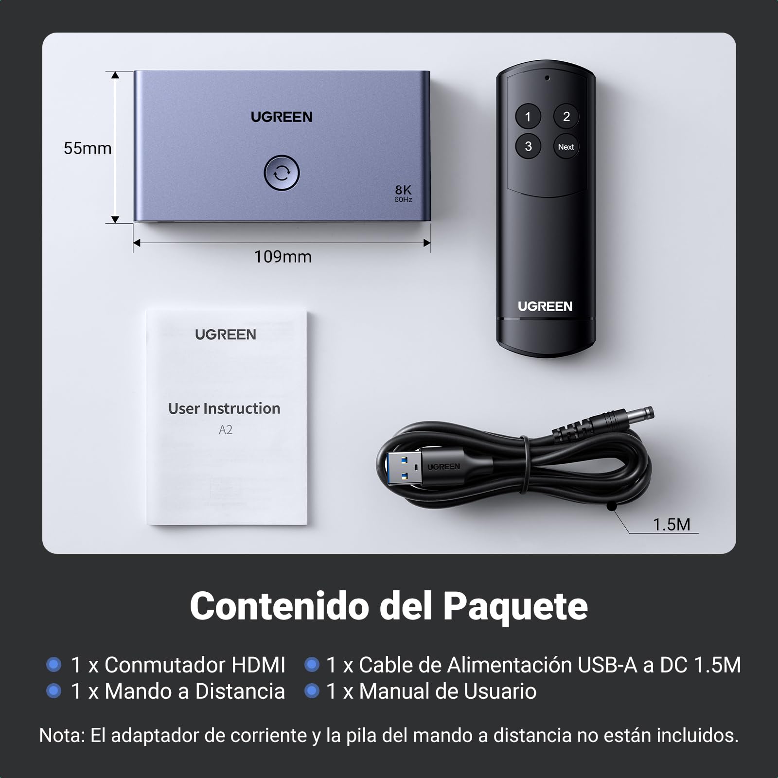 UGREEN Switch HDMI 2.1 8K 60Hz 4K 120Hz Switcher 3 Entradas a 1 Salida 1080P Dolby Vision Atmos HDR 3D Alta Velocidad 48Gbps Compatible con PC PS5 PS4 Xbox One 360 ​​DVD TV Box Proyector