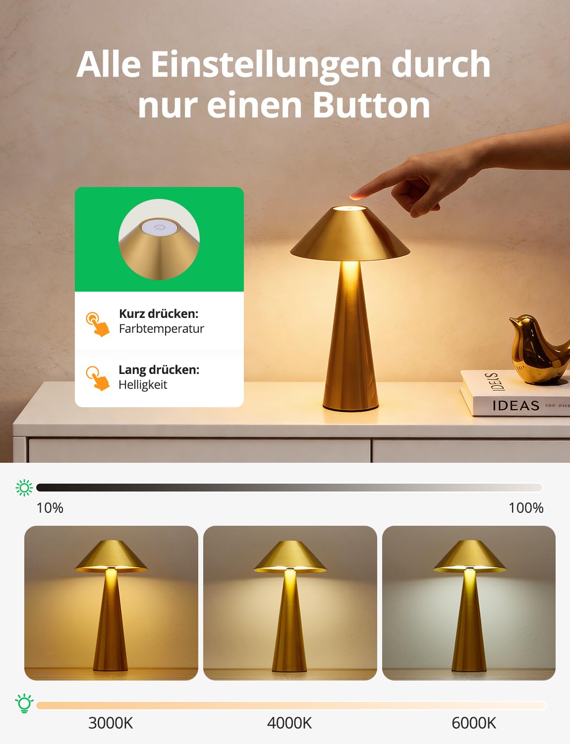 BOJIM Gold LED Tischlampe Kabellos Akku USB Aufladbar, Touch Dimmbare Tischleuchten mit Magnet Outdoor IP54 Wasserdicht, Schreibtischleuchte Ohne Kabel Lampenkopf Drehbar für Balkon Table, Indoor