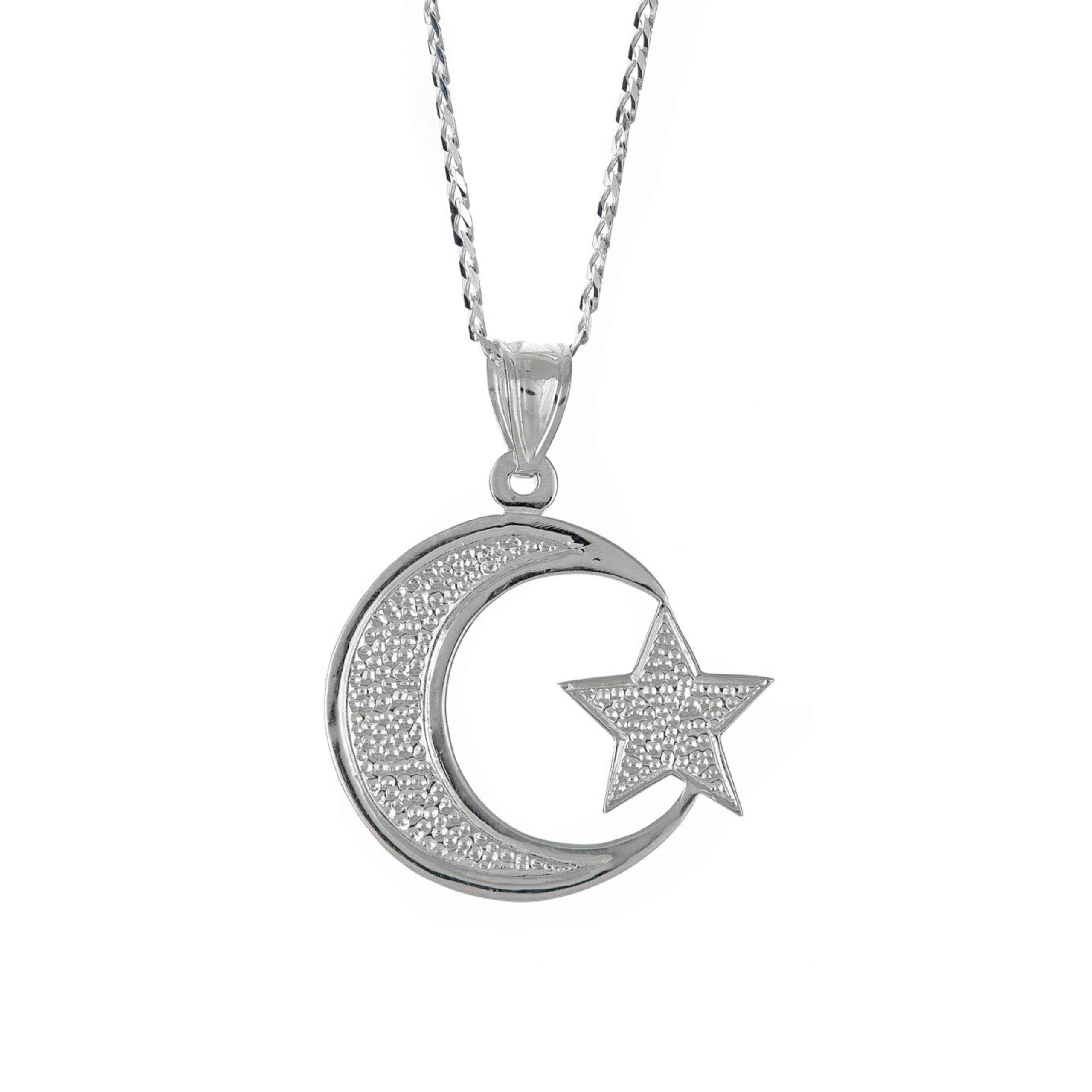 Better Jewelry, .925 Sterling Silver Muslim/Islam Crescent Moon + Star Pendant w. Cuban Chain