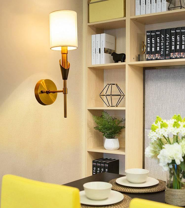 CORAL TREE Mid-Century Wall Lamp Simple Brushed Gold Light Fixture for Bedroom, Living Room, Dining Room | Elegant and Sophisticated Design for Home and Office (White Lamp Shade)