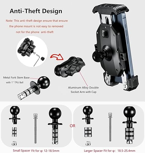 Miniatura 5 de Kewig Soporte de teléfono para horquilla de motocicleta, con tapa antirrobo de brazo corto, soporte para teléfono de motocicleta, 1s bloqueo y
