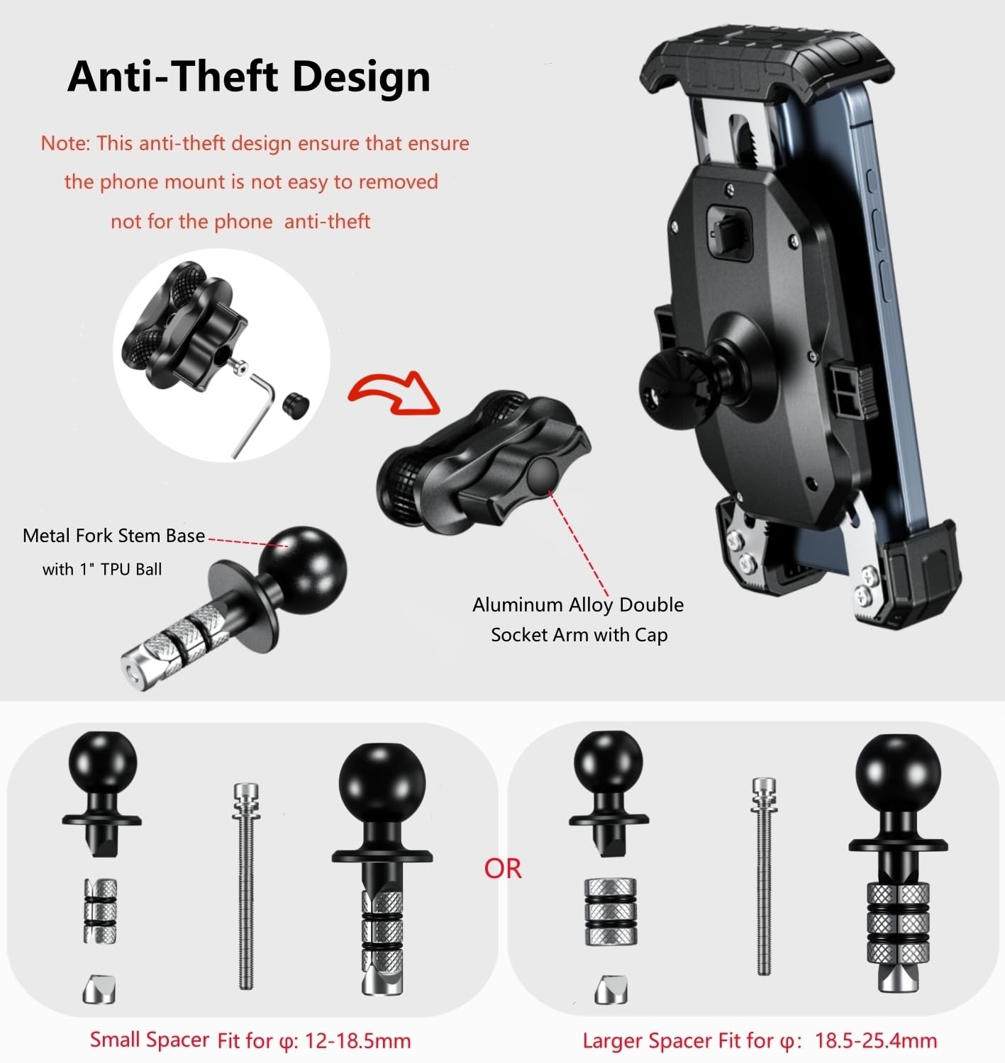 Kewig Soporte antirrobo para teléfono para manubrio de motocicleta, bloqueo y liberación de 1 s, se adapta a vástago de horquilla de 12 a 25,4 mm de diámetro, para teléfonos celulares de 5,5 a 7,2