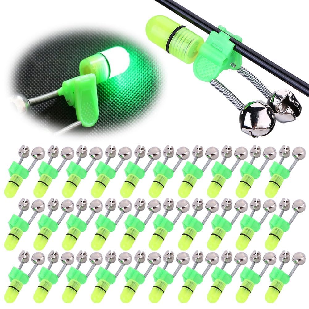 LED Bite Alarm Bell Set for Night Fishing - 30pcs Clip-On Rod Tip Meter - Portable Tackle Accessory - Bright Light & Audible Alert - Bell + LED Light