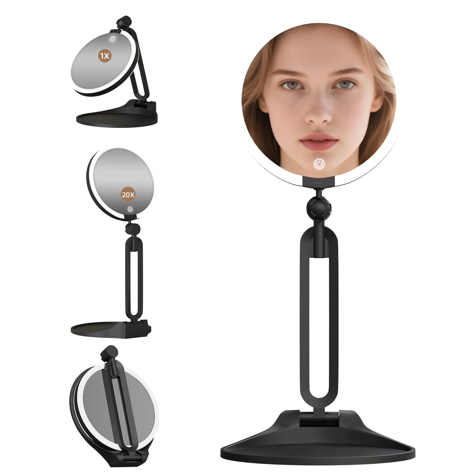 20X/1X Lighted Makeup Magnified Mirror, 6inch Double-Sided 1X/20X Magnifying Makeup Mirror with 3 Color Lights, Desktop LED 20X Magnification Rechargeable Battery, 360° Rotation Folding Bracket — image 1
