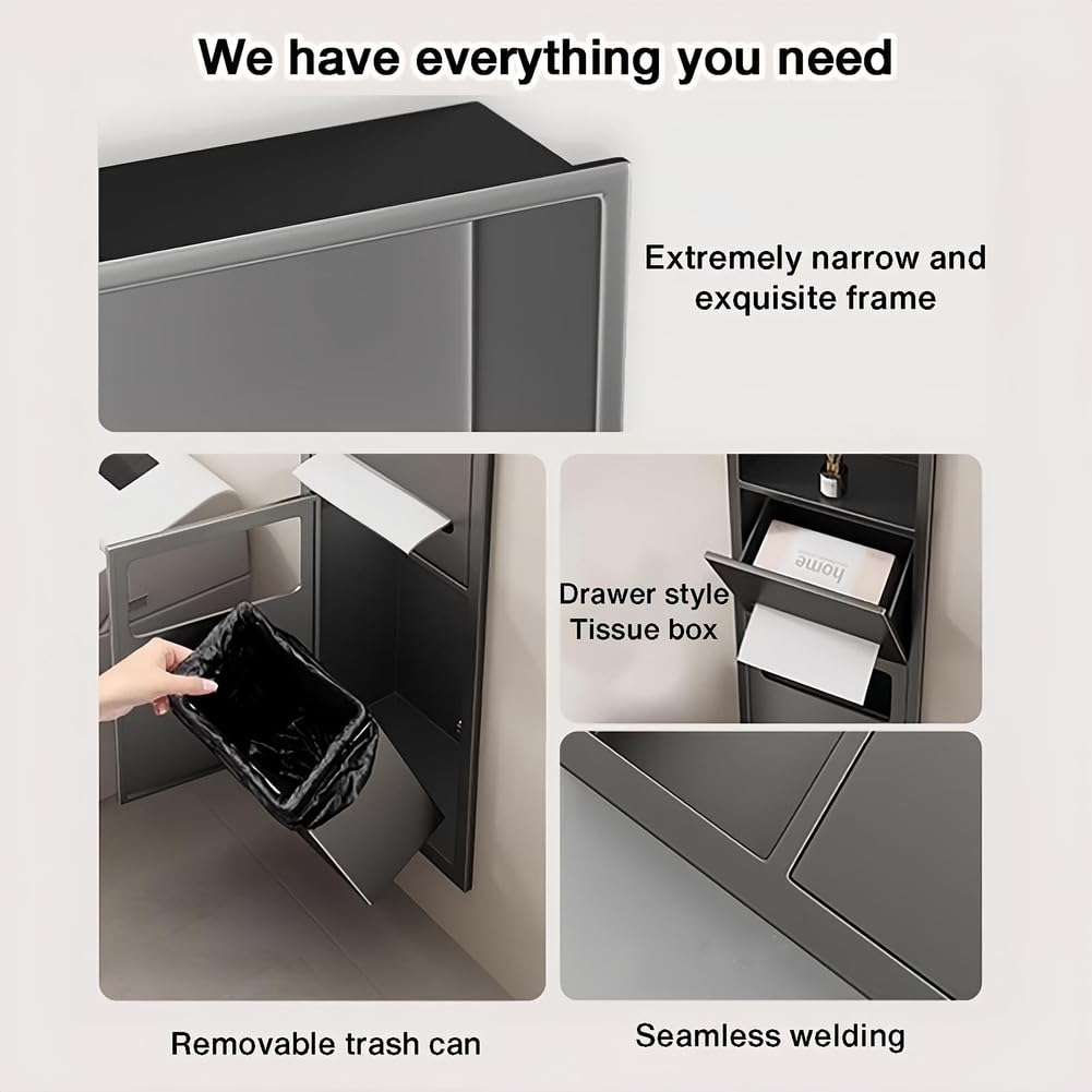 Generico Mensola portaoggetti a Incasso in Acciaio Inox per Carta igienica e rifiuti, Organizer Integrato per nicchia in Bagno, Cucina, Soggiorno, Camera da Letto - Nero, 60x28x13,5 cm, Soluzione Sal