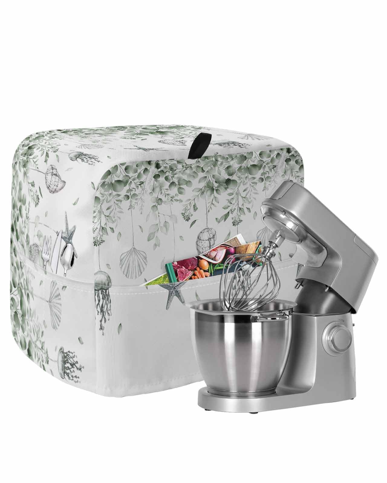 Coastal Leaf Stand Mixer Dust Cover with Storage Pocket & Handles,Sage Green Eucalyptus Fits All Tilt Head & Bowl Lift Kitchen Appliance Cover Jellyfish Starfish Shell Organizer Accessories,6-8 Quart