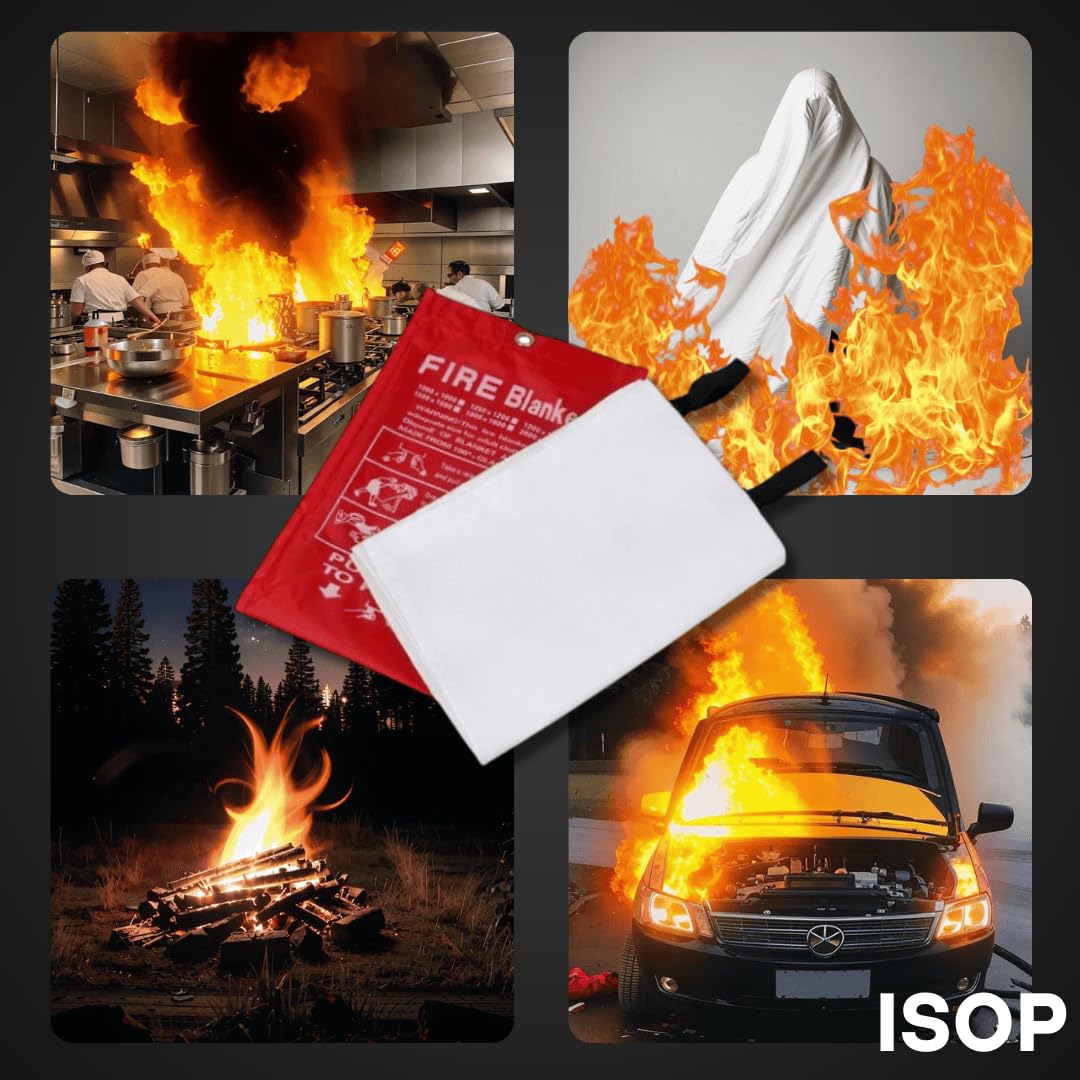 ISOP Couverture Anti-feu d'urgence 120 x 180 cm pour Cuisine, Oppression, Couverture de sécurité Ignifuge pour la Maison, l'école, la cheminée, Le Barbecue, la Voiture, Le Bureau, l'entrepôt