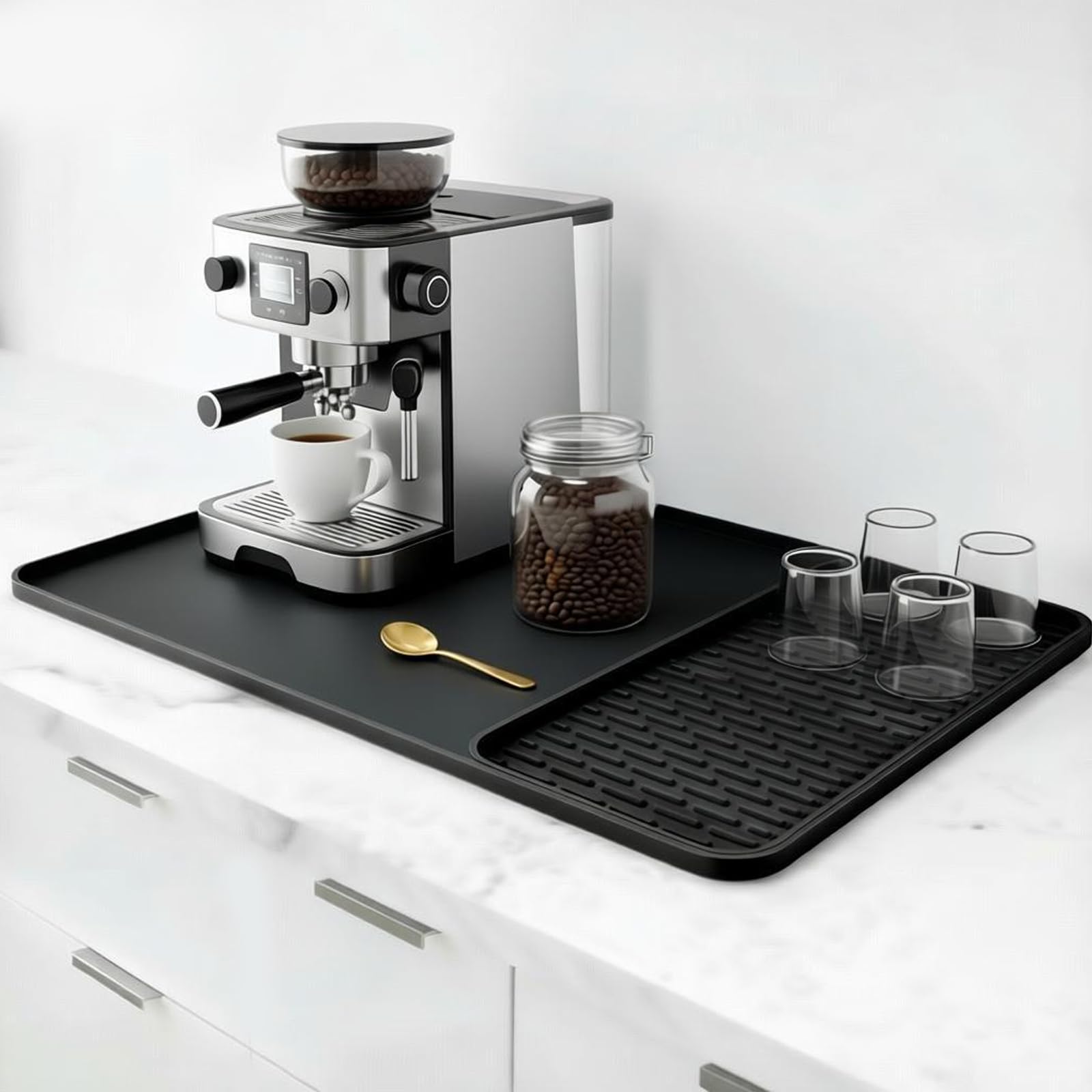AirBanish Silikon Unterlage Kaffeemaschine, 2-in-1 Kaffeematte Abtropfmatte | Silikonmatte Mit Rand, Rutschfeste, Hitzebeständige, Coffee Mat für Küche Und Bar, 40 x 60 cm, Schwarz