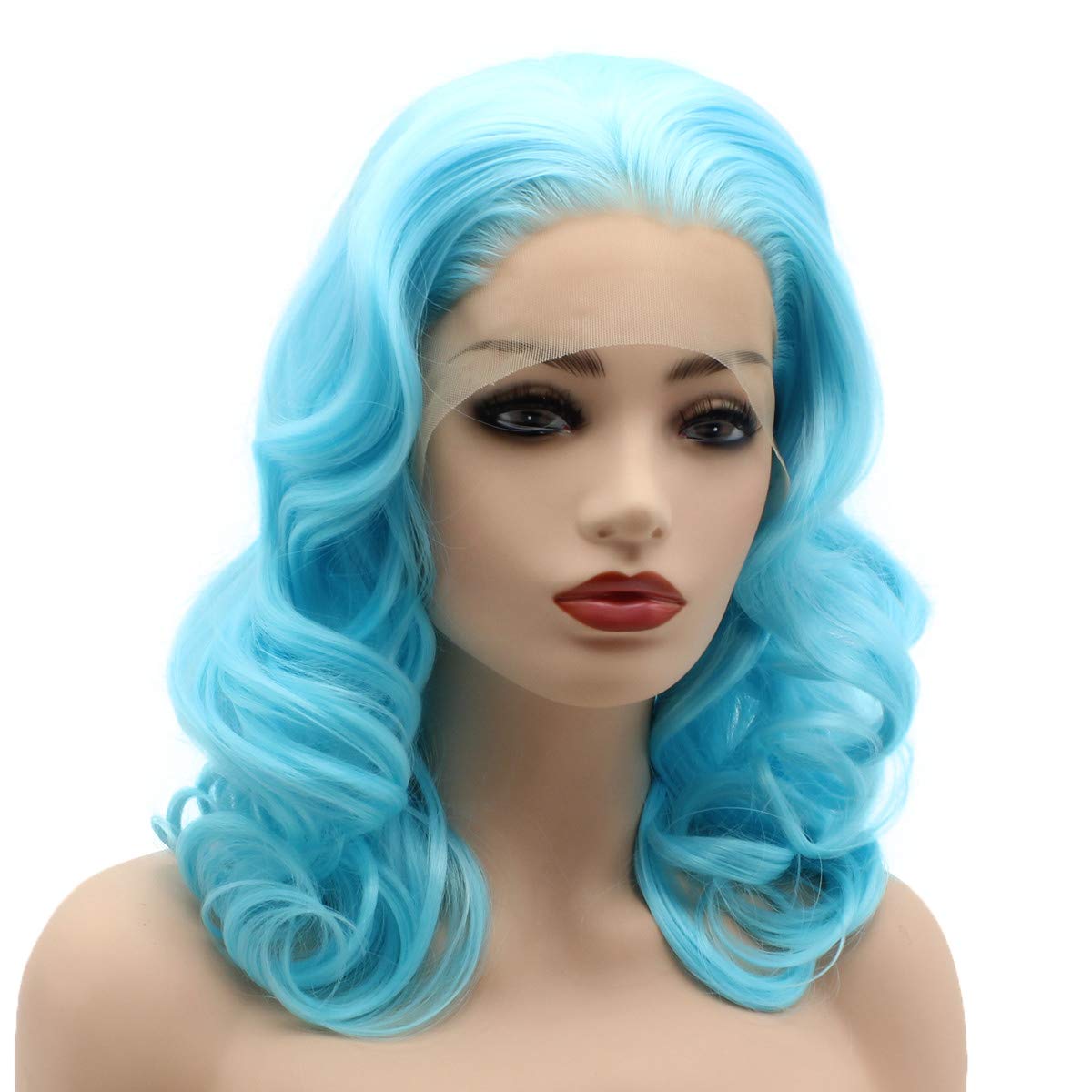 Hair Wavy Shoulder Length 16inch Light Blue Heavy Density Heat Friendly Synthetic Lace Front Wigs