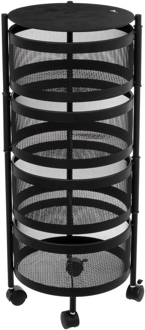 Deconation Resserre 4 Paniers Rotatifs sur Roues en Acier Noir | H 75 Cm X D 30 Cm | Etagère De Rangement Cuisine, Salle De Bain, Bureau...