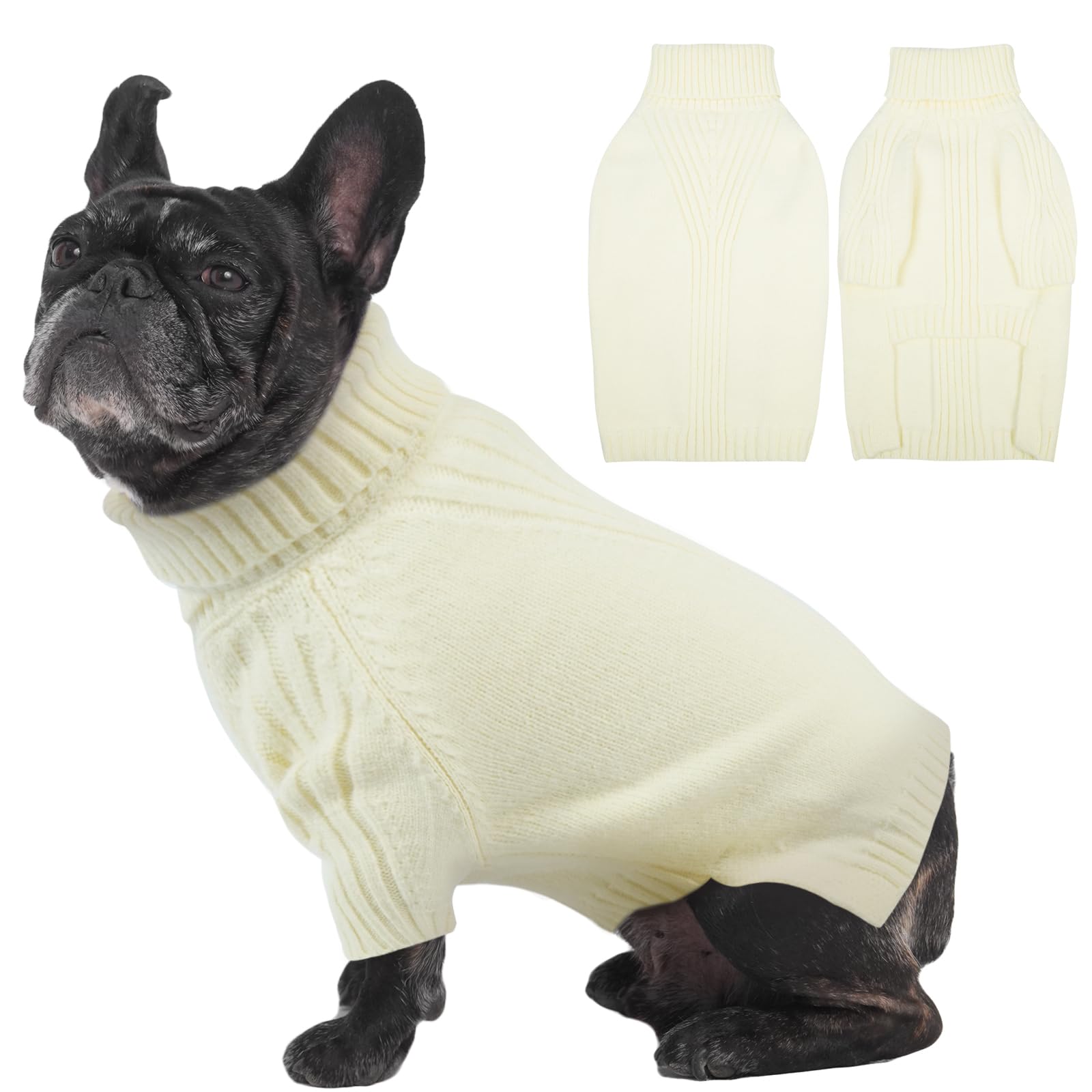 IECOii Dog Sweaters for Medium Dogs Girl Boy,Holiday Knit Doggy Sweatshirt with Sleeve,Turtleneck Thick Warm Dog Sweaters for Winter,Pullover Knitwear for French Bulldog,Boston Terrier (White, L) — image 1
